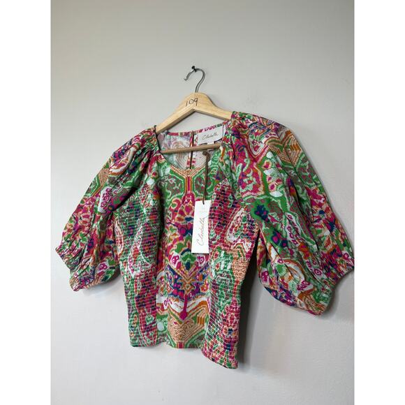 NWT Cleobella Aminah Puff Sleeves Smocked Cropped Top in Print Panama - Picture 3 of 11